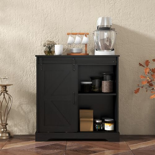 Panana Single Sliding Barn Door Sideboard Kitchen Cupboard Storage Cabinet Farmhouse Style for Dining Room (Black)
