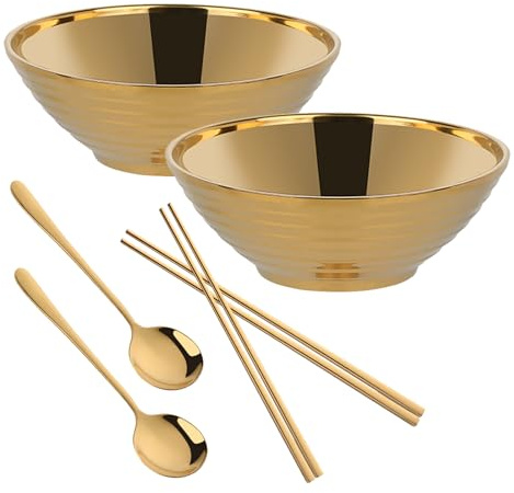 Edelstahl Ramen Schüssel Set, 900ml hochwertige 18/8 Edelstahl Suppenschüssel, mit Löffel und Stäbchen, Multifunktions-Getreideschale