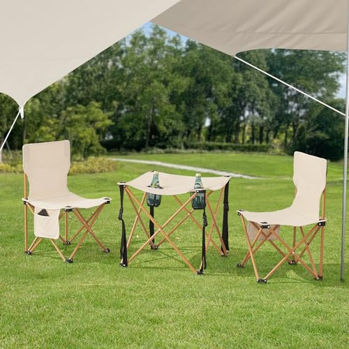 casa.pro Juego de Muebles de Camping Playa Banzi 1 Mesa Plegable Portátil con 2 Sillas Plegables Camping Mesa con Portavasos Impermeable Acero Tela Oxford 600D - Beige