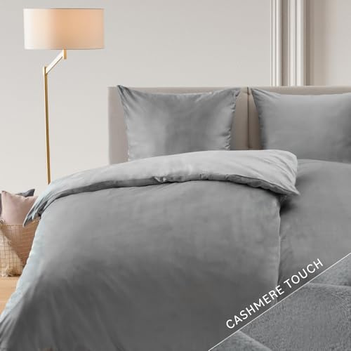 Blumtal Winterbettwäsche 135x200 cm, 4-teiliges 2er-Set – Cashmere-Touch Plüsch aus Flauschiger Mikrofaser, Oeko-TEX Zertifiziert, 2 Deckenbezüge + 2 Kissenbezüge 80x80 cm – Grau