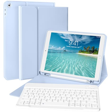 ZKTUYU Funda con teclado para iPad 9, 8ª y 7ª generación (2021/2020/2019) con soporte para bolígrafo, funda blanda de TPU, funda magnética extraíble con teclado QWERTZ para iPad de 10,2 pulgadas, azul