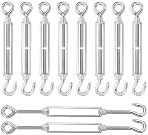 sourcing map M8 Hook and Eye Turnbuckles for Cable Wire Rope Tension, 304 Stainless Steel Turnbuckle Adjustable for Shade Sail String Light Hanging Pack of 10