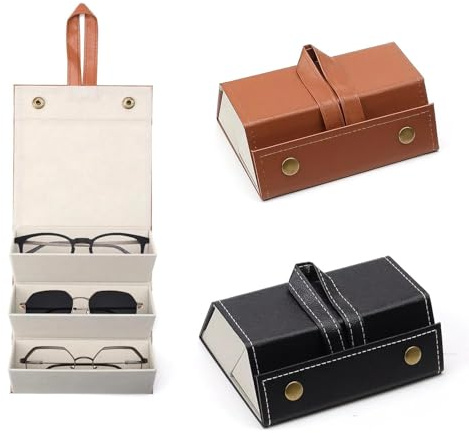 PHMING 2er Set Brillenetui Leder mit 3 Fächern, Faltbare Sonnenbrillen Aufbewahrung für Brillen, Uhren, Brillenbox für Damen und Herren