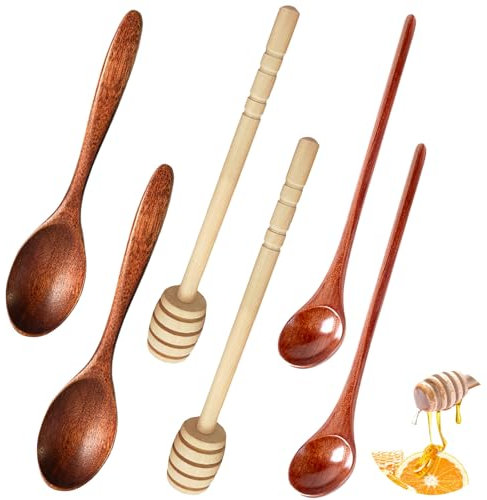 Scettar Lot de 6 Cuillères à Miel,2 Cuillères à Long Manche en Bois de 20 cm,Bâtonnets Mélangeurs en Spirale de Miel,Cuillere Miel Bois pour Miel,Confiture,Café