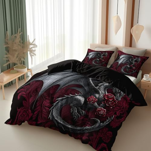 Juego de ropa de cama de 135 x 200 cm, reversible, transpirable, gótica, fantasía, funda nórdica para niños adolescentes, dragón salvaje y rosas rojas, suave, mullida, no necesita planchado, funda