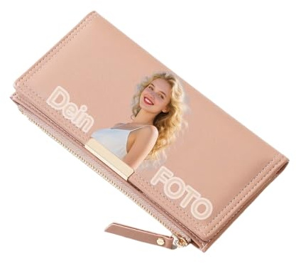 Jaucin Personalisiertes Portemonnaie Damen, Geldbeutel mit Foto auf Synthetisches Leder, Damen Geldbörse und mit Reißverschluss Druckknopf und vielen Fächern (Rosa)