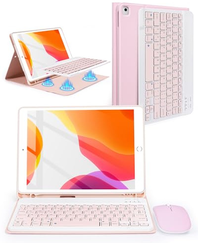 kantaj ipad Keyboard and Mouse for iPad 9th/8th/7th Gen 10.2'', Air 3 | Detachable Bluetooth Keyboard, Case for iPad Air 3 / Pro 10.5, Wireless Keyboard Cover with Pencil Holder, UK Layout, Pink