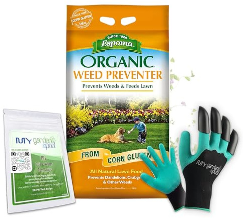 MYGP Organic Weed Preventer 25 lb – Natural Lawn Fertilizer & Weed Control – Corn Gluten Meal Granules – Includes Gardening Claw Gloves & Soil pH Test Strips – Covers 1,250 sq ft