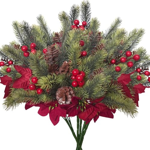 Kinisty 5 STK Tannenzweig Künstliche Weihnachtsstern für Weihnachten Winter | Kunst- & Nadelzweige mit Tannenzapfen, Roten Beeren & Poinsettia. Für Weihnachtsdekoration.