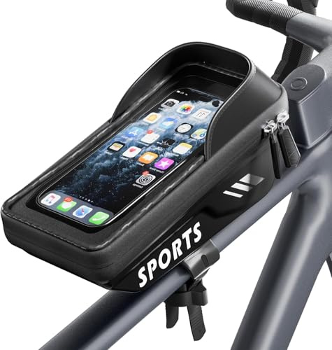 Povlen Waterproof Bike Frame Bag - Bike Phone Holder Touchscreen Bicycle Top Tube Bag for Cycling, Large Storage Bike Bag Fits Phones Under 7 for Road Bike