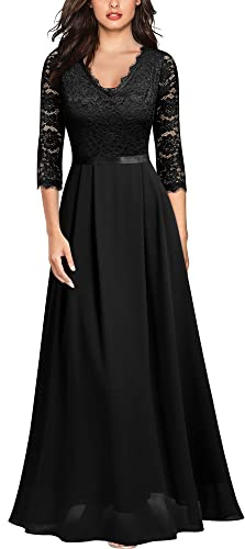 Maxi abito da sera lungo in pizzo floreale formale da donna con maniche a 2/3 (Nero,M)