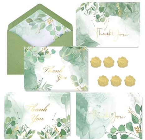 SGERUFZ 12 biglietti ringraziamento con busta verde carta marrone, moderna carta piegata 4 design in totale 12 biglietti ringraziamento piante verdi 12 buste 12 adesivi chiusura cuore dorato