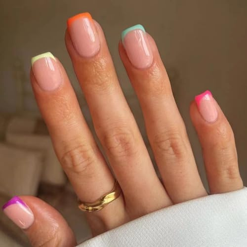 Viugex 24Pcs Uñas Postizas Cortas Cuadradas, Nude Rose French Glossy Press on Nails, Naturales Uñas Falsas Artificiales Acrilicas de Cobertura Completa Adhesivas Uñas para Mujeres