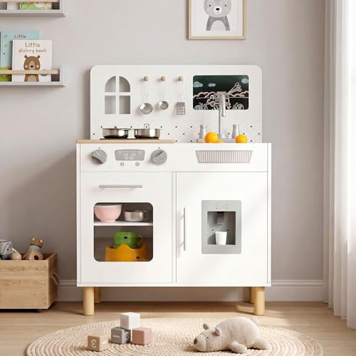MAMIZO Wooden Play Kitchen for Kids, Interactive Toddler Toy Kitchen | Realistic Light & Sound, 5 Pcs Cookware, Oven, Water Dispenser, Storage Cabinets & Chalkboard for Ages 3+ (White)
