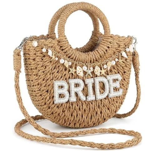 Sunnymove Bride Straw Bag Bride Purse with Shell Pearl Straw Shoulder Bag Handwoven Beach Purses Charms Bridal Shower Gifts Woven Handbag Rattan Purse for Bachelorette Party Wedding Bridesmaids Gifts