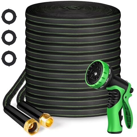Garden Hose 100ft Flexible Water Hose Non-Expandable High Pressure Kink-Free Leakproof Durable Portable Lightweight Outdoor Yard Lawn Black Fabric Watering Hose with 3/4 Aluminum Fittings