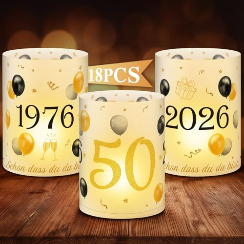 Anruzon 18Pcs Windlichter Tischdeko 50. Geburtstag - Deko 50. Geburtstag Männer und Frauen - Schwarz Gold Happy Birthday Tischdeko für Teelichter oder Kerzen