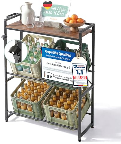 Blumtal Getränkekistenregal 4 Kisten mit Ablage Holzoptik - Kistenregal/Getränkeregal + integriertem Flaschenöffner & Haken - Regal Getränkenkisten Belastbarkeit bis 100 kg pro Ebene in Schwarz