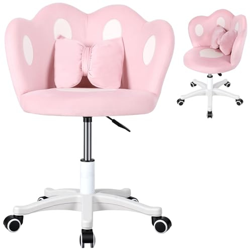 UDIYO New Kids Desk Chair, 360-Degree Swivel Makeup, Adjustable Height Kids Computer with Bow Pillow, Children Desk Chair for Boys Girls in Home Bedroom Study Room Pink