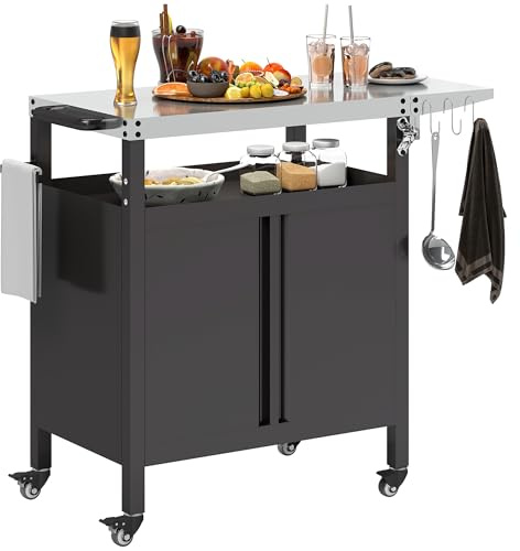 Outsunny Grillwagen 3-Etagen klappbar mit Arbeitsfläche, Servierwagen mit Schrank, Haken und Rollen, Edelstahl BBQ Grilltisch, Outdoor Rollwagen, Holzkohlegrill für Garten, Grill, 116x50x93cm Schwarz