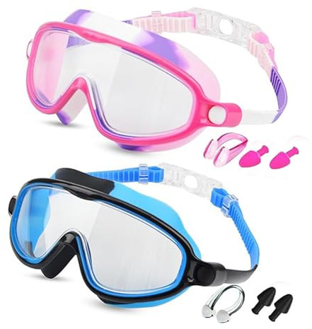 Buxuaaaa 2 occhialini da nuoto per bambini + tappi per le orecchie e clip per naso per bambini ragazzi ragazze occhialini da nuoto con tappi per le orecchie