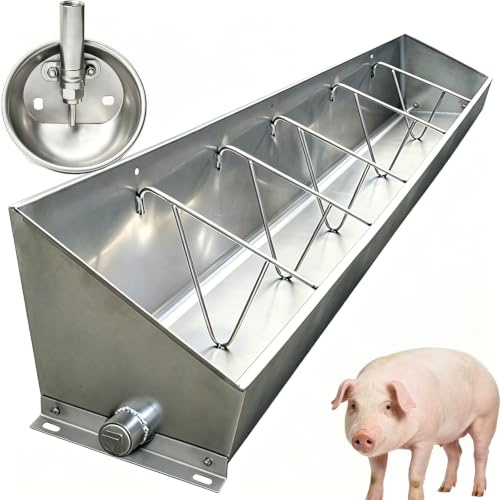 DPSXZMZ 120cm 150cm 180cm Fodertrog Och Vattentråg För Svin, Robust Utförande I Rostfritt Stål, Fodertrog Med Avskiljande Staket, Gratis Automatisk VattenskåL IngåR, Med Vattenskål,Silver,180cm