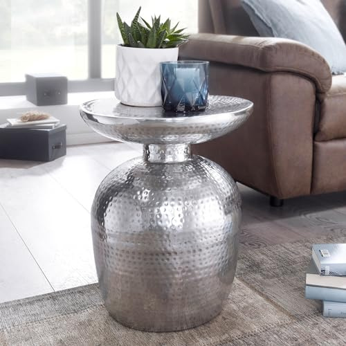 FineBuy Beistelltisch Rund 36,5x36,5x46 cm Metall Silber | Couchtisch in Hammerschlag-Optik, orientalischer Ablagetisch, handgefertigtes Unikat, als Sofatisch und Dekotisch nutzbar