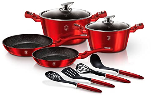 Berlinger Haus Burgundy Induction Cooking Pot Set, 10 Pieces, Non-Stick PFOA-Free Marble, Aluminium, Set of 2 Pots, 2 Glass Lids, 2 Frying Pans, 4 Kitchen Utensils, Metallic Line Red Design, Glass