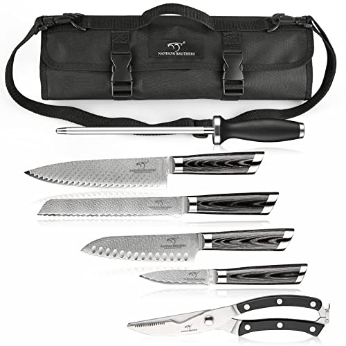 NANFANG BROTHERS Chef Knife Set, 8 Pieces Damascus Steel Knives with Portable Roll Storage Bag, Carving Fork, Knife Sharpener and Kitchen Shears for Outdoor Camping BBQ Travel
