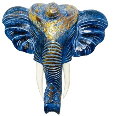 My Family House Elephant Wall Mask - Blue Gold Hanging Wooden Hand Carved Art Fair Trade Hand Painted Animal African Safari Masks Bohemian Decor (20cm)