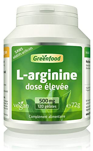 Greenfood L-arginine, 500 mg, dose élevée, vegan, 120 gélules - SANS additifs. Sans génie génétique.