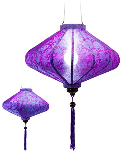 Traditioneller asiatischer Lampion aus Seide, lila, mit blauem Motiv, Ø 45 cm – Hoian-Laterne aus Stoff, Bambus und Holz, handgefertigt – Dekoration und Handwerk aus Vietnam (P25-M)