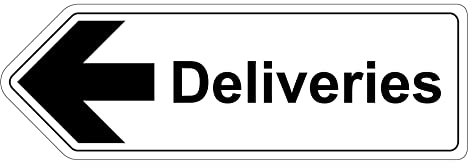 V Safety Shaped Safety Sign - Deliveries Arrow Left - 450X150-2MM Rigid Plastic