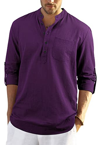 Enlision Uomo Camicia in Lino di Cotone Manica Lunga Henley Shirt con Bottoni Casual Hawaii in Tinta Unita Maglietta T-Shirt da Uomo per Interni Spiaggia Hippie