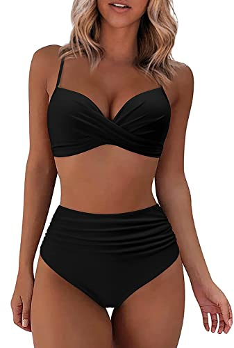 Maillot De Bain Menstruel Maillot De Bain Deux PièCes Sexy pour Femmes Push Up Rembourré Bandeau Bikini Maillot De Bain Gainant Ventre Plat Culotte Taille Haute Maillot Bain(01Noir,XL)