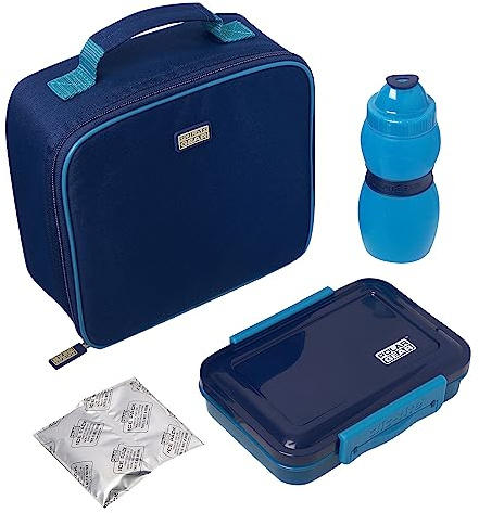 Polar Gear Ein Set: Isolierte, lebensmittelechte Kühltasche mit Netzfach, 500 ml Flasche, 550 ml Lunchbox mit Clic-Tite Clips, und Eisbeutel, ideal für Schule und Ausflüge, blau, Polyester