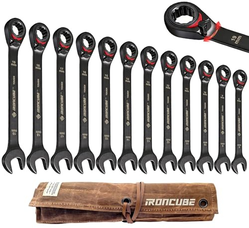 ironcube Reversible Ratcheting Wrench Set: 12-Piece Metric 8-19mm - Tough Black - Wax Canvas Storage Bag - Automotive and Motorcycle Repair Tools