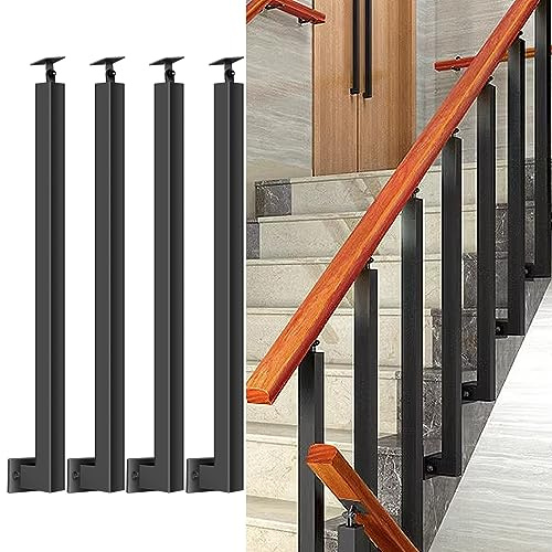 Postes De Balaustre De Escalera Cuadrados: Husillos De Barandilla De Metal Ajustables De 270° Con Base De Soporte Plano Y Kits De Tornillos; Los Postes De Hierro Negro Son Adecuados Para Terrazas