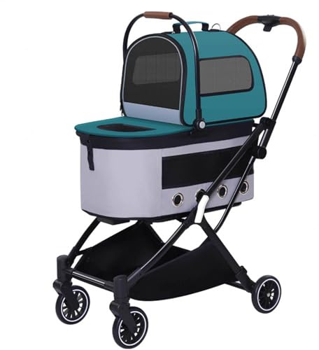 Doppelschichtiger Haustier-Kinderwagen – Zusammenklappbarer Trolley für Hunde und Katzen mit 2 Tragbaren Reiseträgern und Aufbewahrungskorb – Welpenkinderwagen mit 4 Rädern für Reisen,Green
