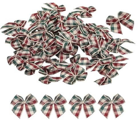QUARKZMAN 50 Stück Mini Schleifen 25mm Vintage Bogen Dunkelrot Grün Creme | Karierte Stoff-Satinband, Klein Weihnachtsschleifen, zum Basteln DIY, Haar Geschenk Nähen, Hochzeit Geburtstag Deko