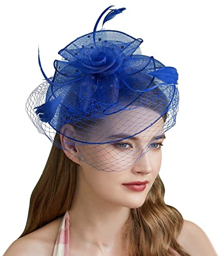 Damen Fascinator Hut, Fascinator Hut Damen Feder Mesh Kopfbedeckungs Hut Schwarze Vintage Teeparty Haarschmuck für Damen Mädchen Abend Partys, Ladies Hut Kopfbedeckung Eleganter Kopfschmuck (Blau)