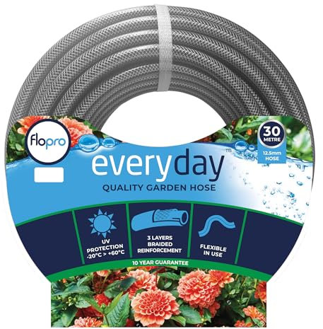 Flopro - EVERYDAY garden hose pipe ø 12,5mm (1/2) 30m: 3 layer braided reinforced hose. Flexible in use, general purpose & durable hose pipe. UV resistant & weather proof - 10 year guarantee