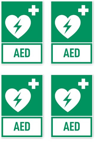 Aufkleber: 150x100 mm, 4 Stück - Automatisierter Externer Defibrillator (AED) - Rettungszeichen mit Text (deutsch) (grün/weiß) - hochkant - E010 - DIN EN ISO 7010 / ASR A1.3
