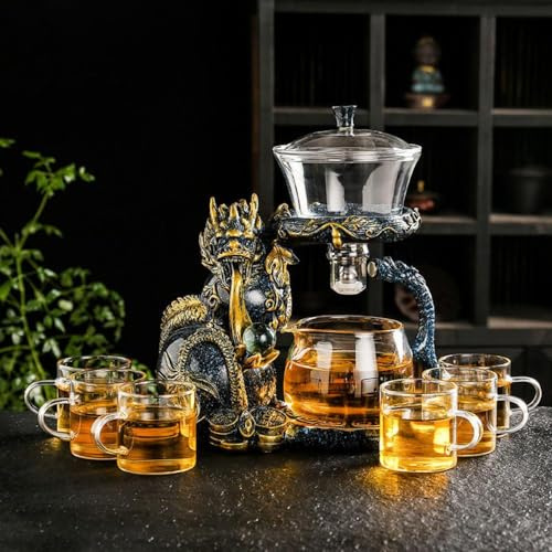 Zurucily Glas-Teekannen-Set mit Teesieb, halbautomatisches Drachen-Teeset mit 6 kleinen Tassen (Blauer und goldener Drache)