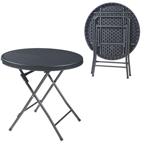 [en.casa] Klapptisch Mark Gartentisch Campingtisch klappbar 80 x 74 cm rund Picknicktisch Outdoor Rattanoptik, Schwarz