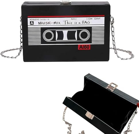 Aoreun Kassette Handtasche Retro Umhängetasche Damen, Schräge Schultertasche Radio Handtasche, Tasche Kassetten Schultertasche, 90s Kettenbeutel für 80er 90er Jahre Disco Party Dekoration