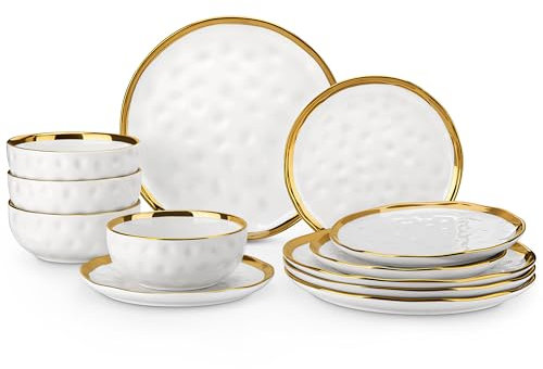 LOVECASA 12 Pieces Plates and Bowls Sets, Porcelain White and Gold Dinnerware Sets, Round Dinner Plates Dishes Set Service for 4, Dishwasher Safe and Scratch Resistant, White