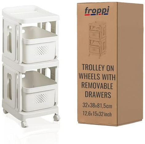 Froppi Storage Trolley with 2 Drawers | Rolling Storage Cart on Wheels | Multipurpose Mobile Organiser Unit | Utility Cart for Kitchen, Bathroom, Bedroom L32 W38 H81.5 cm White