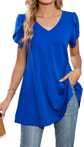 Enmain Blusa Manica Corta Donna Elegante Camicia Donna Scollo a V Camicette vestibilità Ampia Casual T Shirt Taglie Forti Blu Reale XL