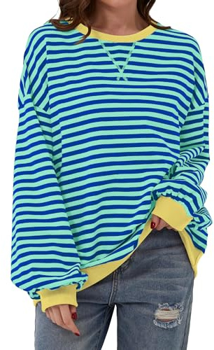 Chicrise Sweatshirt Damen Oversized Gestreifter Farbblock Langarmshirt Gestrickt Rundausschnitt Oberteile locker